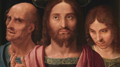 Fernando Yáñez de la Almedina. Salvator Mundi entre San Pedro y San Juan. Detalle.