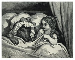 DORE, Paul Gustave (1832-1883); PERRAULT, Charles (1628-1703). Caperucita Roja. 1882. Caperucita y el lobo disfrazado de su abuela. Aguafuerte. FRANCIA. ILE-DE-FRANCE. ParÌs. Biblioteca de las Artes Decorativas.