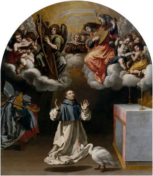 Aparición de ángeles músicos a San Hugo de Lincoln, Vicente Carducho, 1632, óleo sobre lienzo, 337 x 298 cm. Madrid, Museo Nacional del Prado.