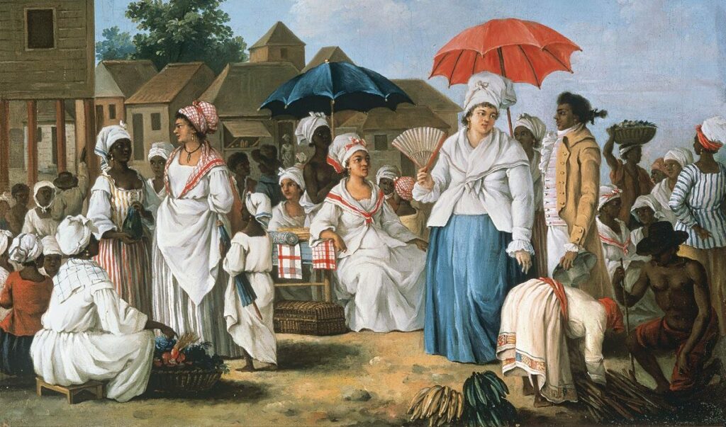 Agostino Brunias. Mercado de ropa, Santo Domingo, hacia 1775. Óleo sobre lienzo.  49,6 x 64,8 cm. Colección Carmen Thyssen.