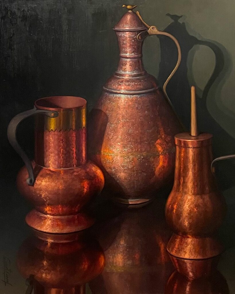 Joan Tarrés Féniz. 'TRES PIEZAS DE COBRE'. Óleo/tela, 60 × 73 cm.